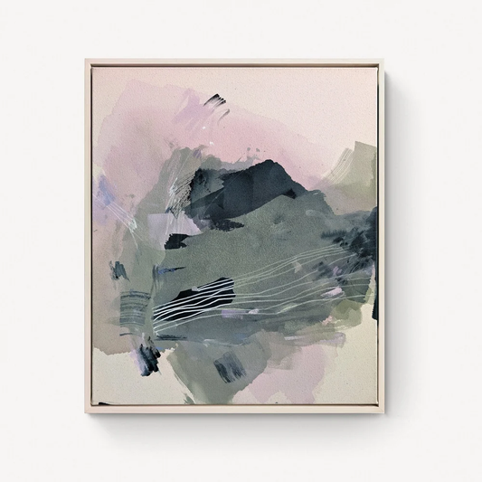Whispers Between the Trees – color field painting by Rita in pale rose and grey-green with something darker cutting through, about what you sense before you see it in a forest going quiet