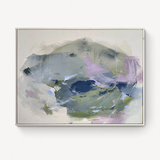 It Will Take Time – color field painting by Rita with soft cloud-like form in grey-green and sage with deep blue at its heart, patience made visible about things that cannot be hurried only waited for
