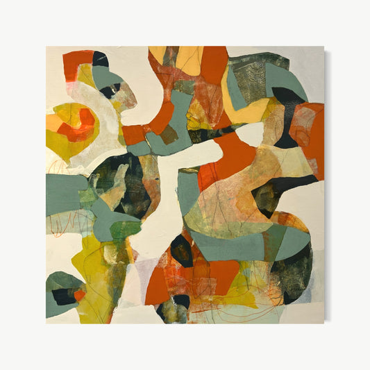 Cajun Music – abstract painting by Cox in soft sage green, warm tan, and deep charcoal with loose improvised marks on near-white ground evoking relaxed musical confidence