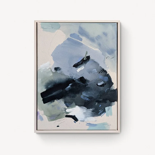 Soft Breeze – second work by Rita in blue-grey and pale lavender, light and unresolved, built through gentle layers evoking air in motion and peripheral presence
