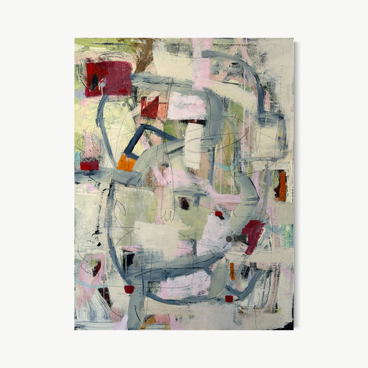 Jeu de l’Oie – mixed media painting by Corcelle with blue looping lines, collaged fragments, and gestural marks in black and rose on pale ground