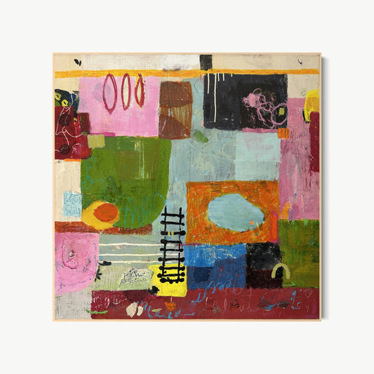 Ladders to Home – mixed media painting by Corcelle with patchwork grid of olive, crimson, pink, chartreuse, teal, and black rectangles with small animating marks