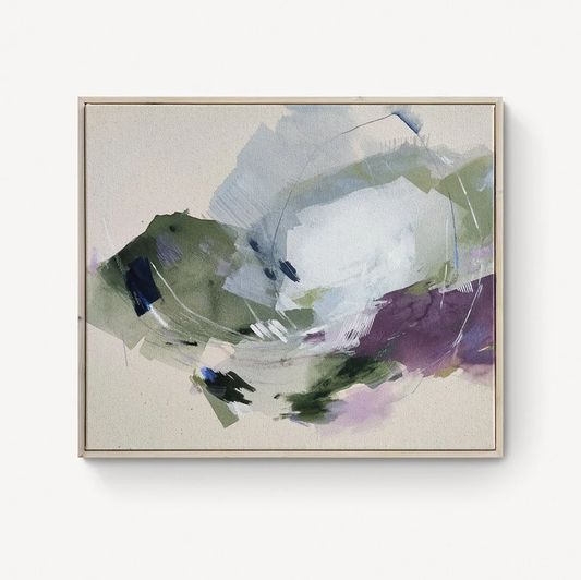 In the Shadow – color field painting by Rita in olive, grey, and deep plum gathering and scattering like light through leaves, tender and not wanting direct looking, each layer holding what came before