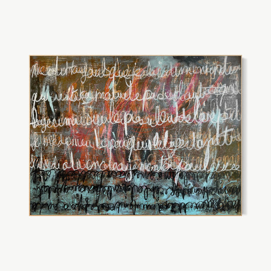 Dictée – large mixed media painting by Corcelle with handwritten French script floating over layered amber, teal, and red ground