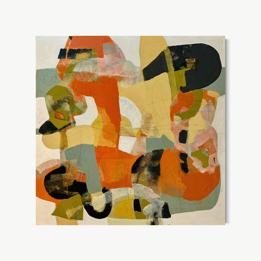 Kauai Tableau – abstract painting by Cox in warm orange, olive green, and deep black with generous rounded forms evoking a tropical Kauai landscape held in memory