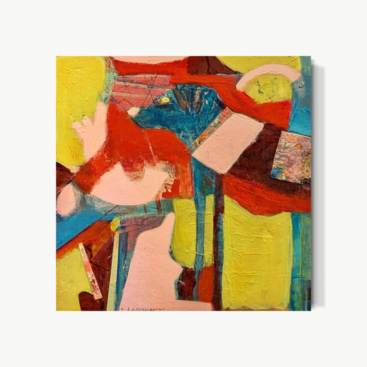Canine Triptych II – painting by Lesley with blue dog stretching forward in alert curiosity with bright eye and patterned collar against bold red, yellow, and soft pink graphic backdrop, expressive tactile layered surface
