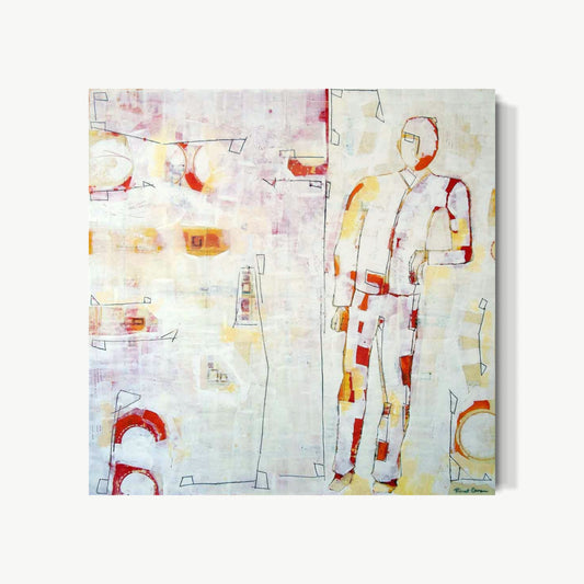 Love This Man – encaustic painting by Goren with male figure rendered in outline at center, slightly fragmented, surrounded by layered collage elements from newspaper fragments and beeswax, tender and particular in feeling