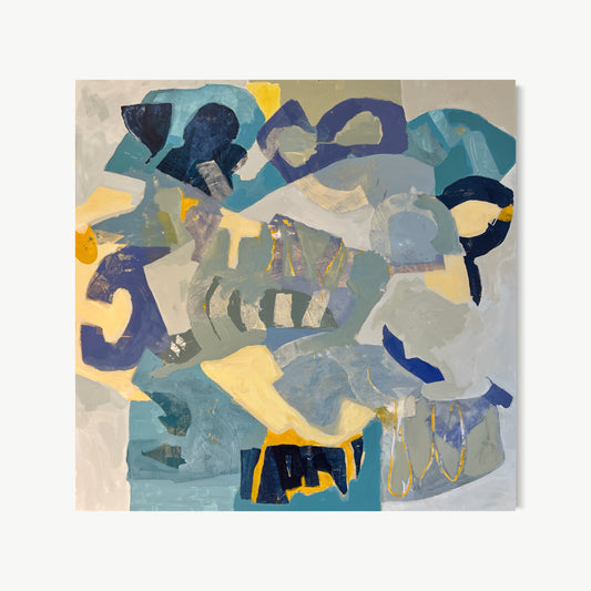 Coastal Mist – large abstract painting by Cox in cool grey, slate blue, and soft yellow evoking California coastal fog and atmospheric light