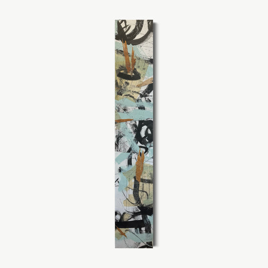 Whispers of the Forest 5 – tall narrow mixed media painting by Corcelle with pale blue, grey, and warm brown marks with bold vertical black strokes