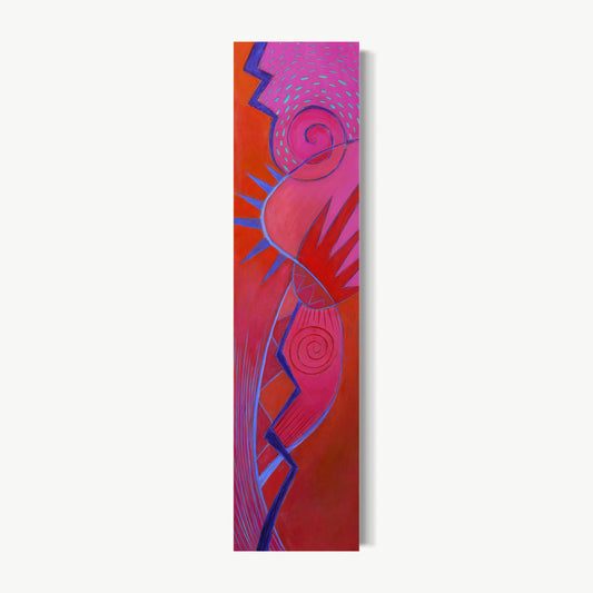 Carmin – tall narrow painting by Ruiz in deep crimson, rose, and deep orange with spiral and sun-like form on layered printmade ground, purely sensory painting about heat that rises