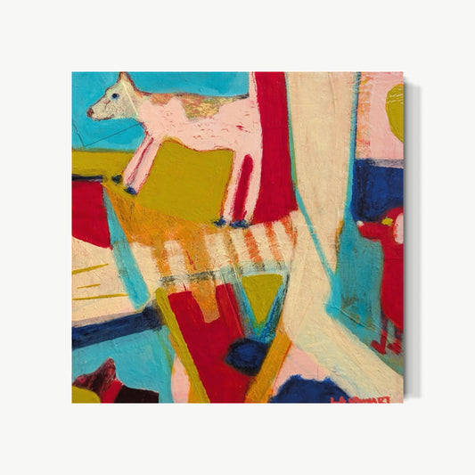 Canine Triptych III – painting by Lesley with small dog stepping confidently across bold reds, yellows, and cool turquoise, stylized yet alert and present mid-stride, expressive brushwork and layered texture keeping subject as focus