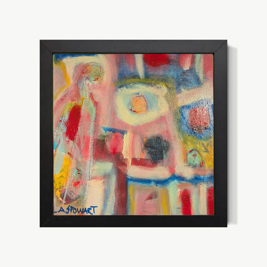 Follow the Light – small 12 by 12 inch painting by Lesley with soft glowing center surrounded by veils of rose, turquoise, yellow, and crimson, layered luminous washes with circular motifs orbiting central glow