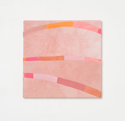 RITUAL IV – hand-dyed textile artwork by Panda Landa with restrained palette of warm blush and coral in stitched flowing bands creating gentle visual rhythm with meditative calm characteristic of the Ritual series