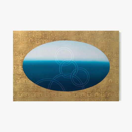 Tapestry of the Ocean – painting by Koury with large horizontal oval in pale sky to deep cobalt blue gradient with interlocking circles, framed by antique-gold textile-patterned ground