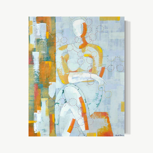 Wrapped in Thoughts III – encaustic painting by Goren with seated figure in pale grey, amber, and orange in quiet contemplation against fragmented ground, circular forms dotting figure outline like a diagram mapping inner life from outside