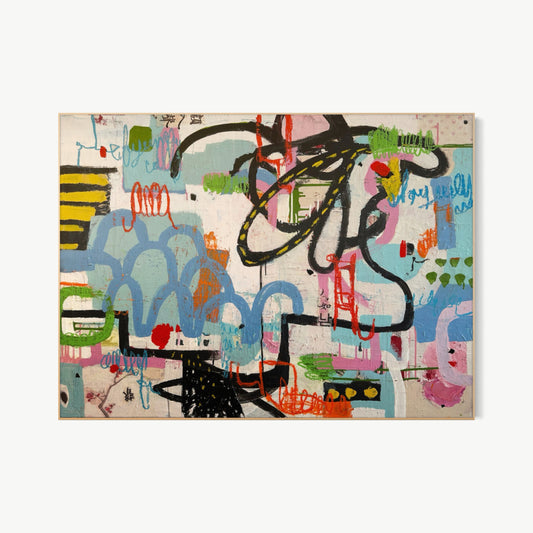 Cherry Blossoms – mixed media painting by Corcelle with bold black calligraphic marks on pale blue, pink, and soft green ground