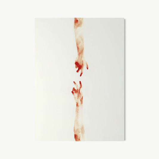 Red Hug – watercolor by Cuddemi with arms intertwining in deep red in something between tension and tenderness, hand and arm carrying everything as whole conversation without needing faces or setting